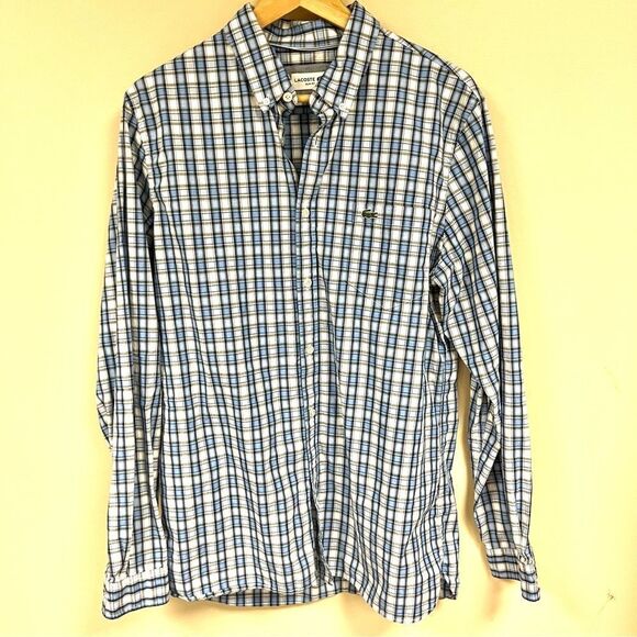 - LACOSTE blue plaid cotton button down L - Picture 2 of 8